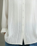 Women's White Pintuck Lace-Trim Longsleeve Shirt – Elegant Feminine Top