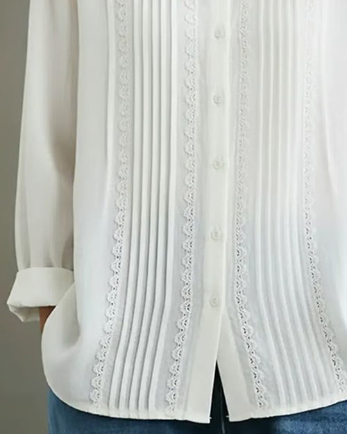 Women's White Pintuck Lace-Trim Longsleeve Shirt – Elegant Feminine Top