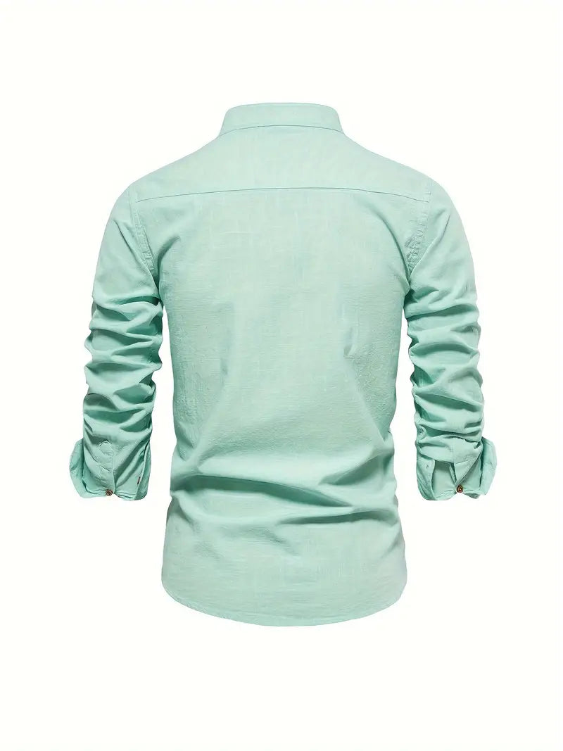 Men’s Band Collar Button Down Shirt - Stylish Long Sleeve