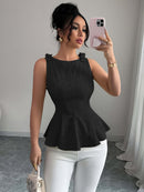 Women's Round Neck Sleeveless Flared Top – Floral Bow Accent Blouse