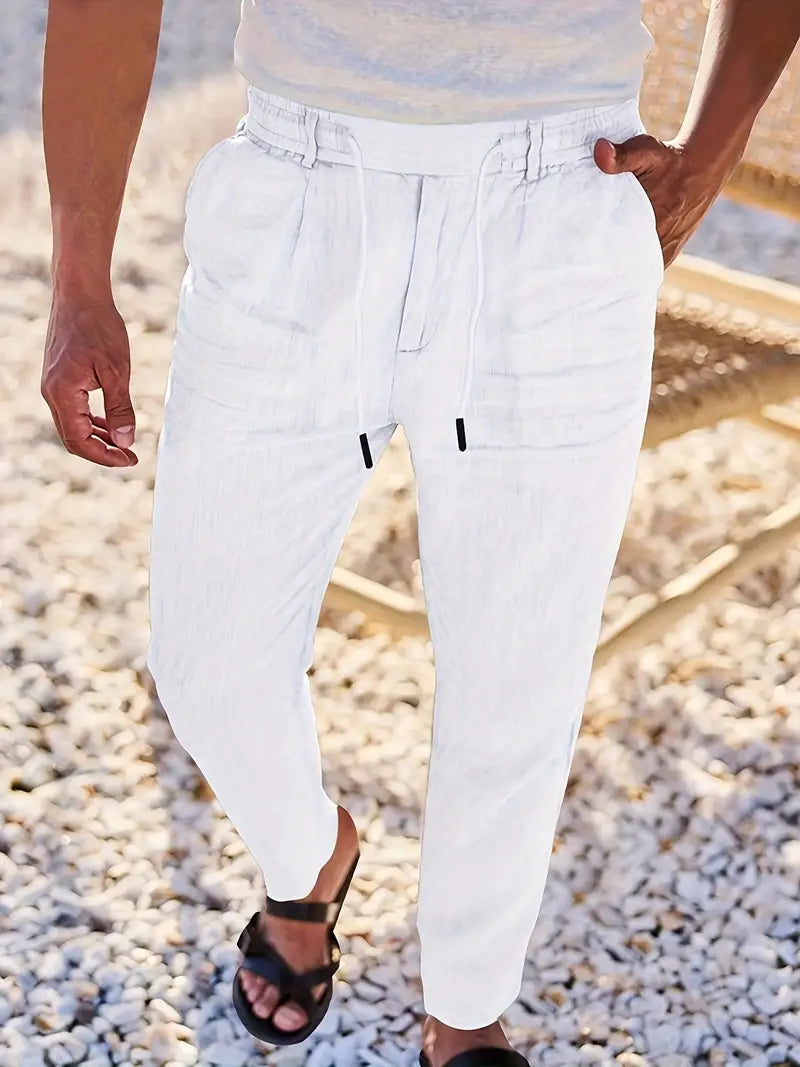 Men's Wide-Leg Linen Trousers – Drawstring Casual Summer Pants