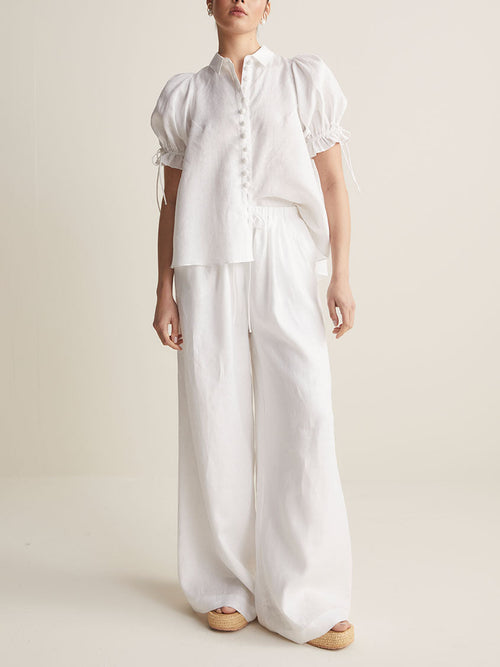 Women's Puff Sleeve Drawstring Short Sleeve Blouse With Buttons – Chic Top