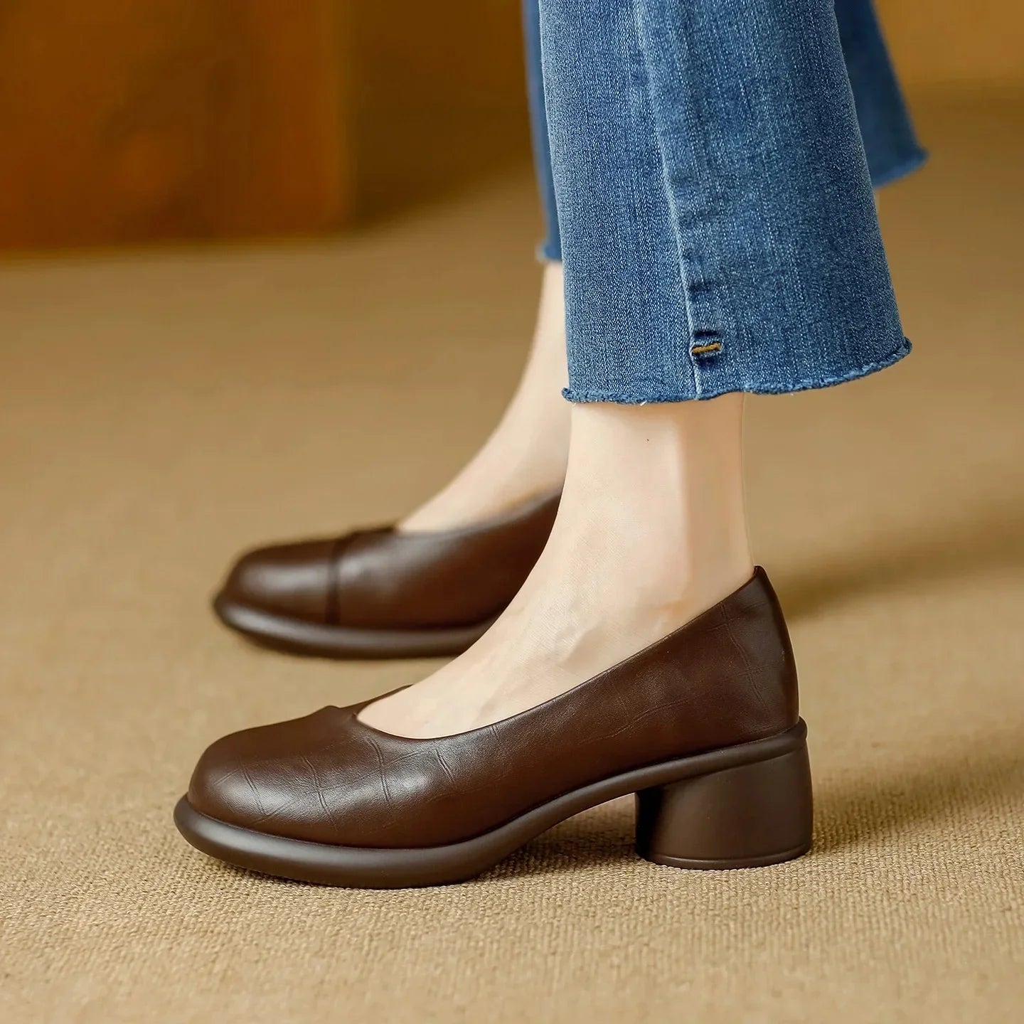 Women's Brown Leather Platform Pumps With Chunky Heels – Stylish Heels
