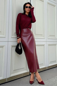 Anchor Red High Waist Slit Pencil Skirt