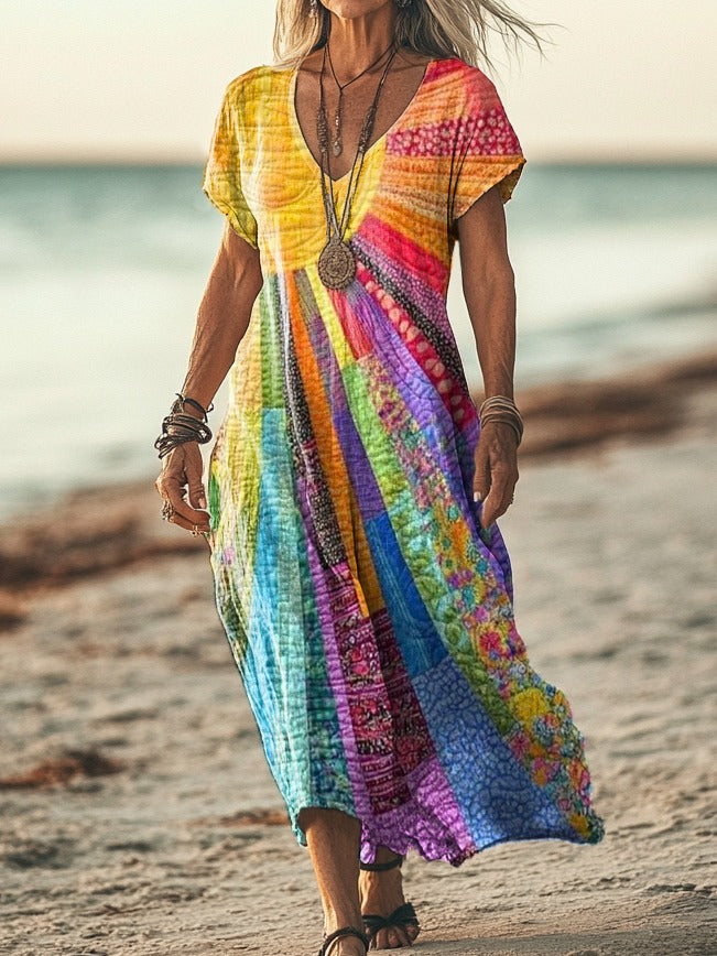 Women's V-Neck Long Sleeve Bohemian Dress – Colorful Relaxed Summer Dress
