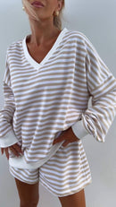 Women's V-Neck Striped Long Sleeve Two Piece Set – Casual Outfit
