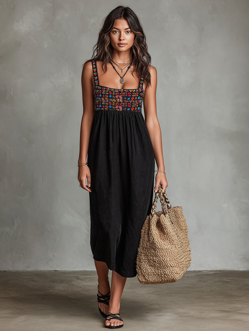 Women's Vacation Style Faux Suede Embroidered Midi Dress