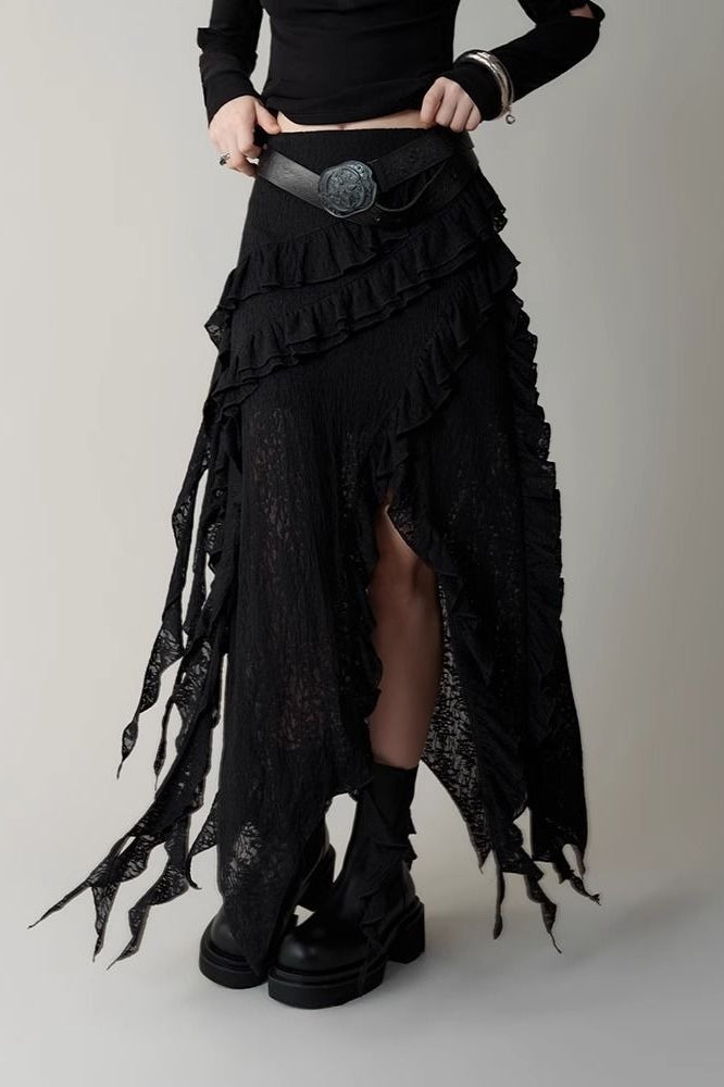 Asymmetric Wool Blend Black White Maxi Skirt