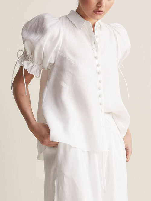 Women's Puff Sleeve Drawstring Short Sleeve Blouse With Buttons – Chic Top