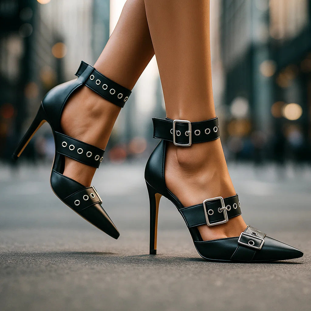 Women's Gothic-Style Studded Buckle High Heels – Bold Edgy Stiletto Shoes