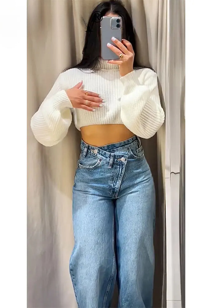 Asymmetric High Waist Straight Jeans