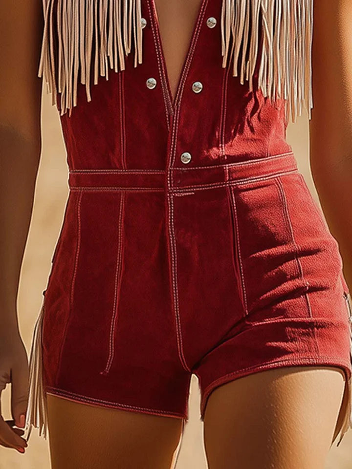 Women's Western Red Suede Tassel Playsuit – Cowboy Fringe Button Romper