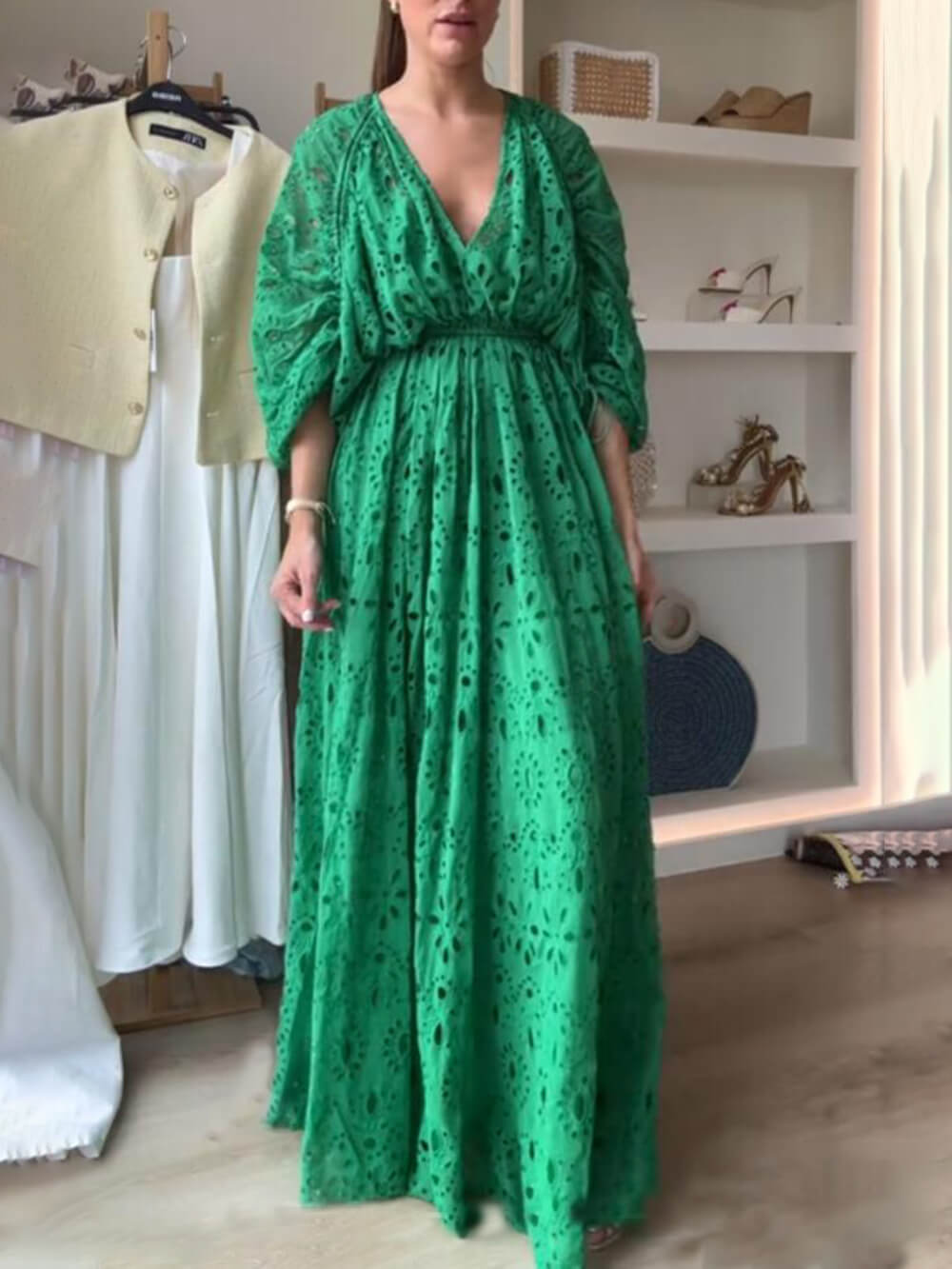 Women's V-Neck Oversize Maxi Lace Dress With Gathered Waist – Elegant Flow Dress