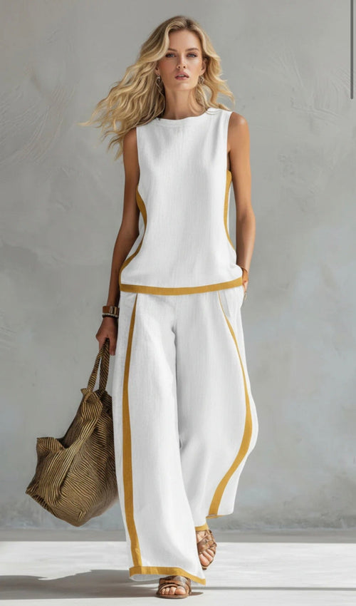 Women’s Linen Two Piece Set - Sleeveless Casual Summer Outfit