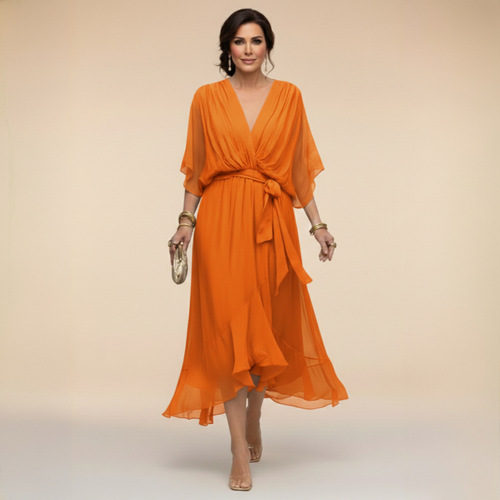 Women's Elegant V-Neck Chiffon Flared Midi Dress with Belt - Perfect Wedding Guest Dress