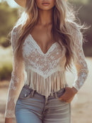 Women's Retro Lace Tassel Blouse – V-Neck Long Sleeve Cropped Top