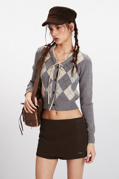Argyle V-Neck Cropped Knit Top