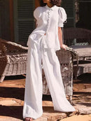 Women's Puff Sleeve Drawstring Short Sleeve Blouse With Buttons – Chic Top