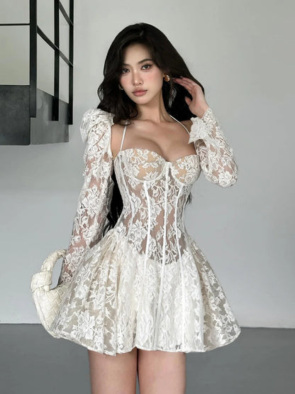 A-Line Backless Puff Sleeve Mini Lace Dress