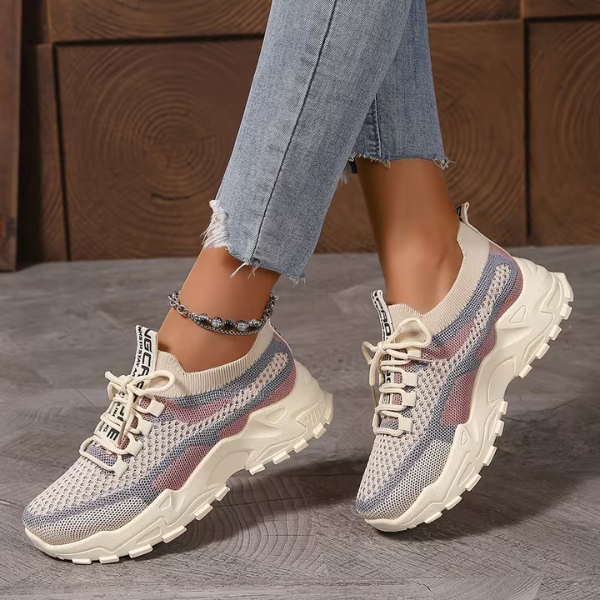 Women's Breathable Mesh Lace-Up Sneakers – Lightweight Walking Comfort Shoes