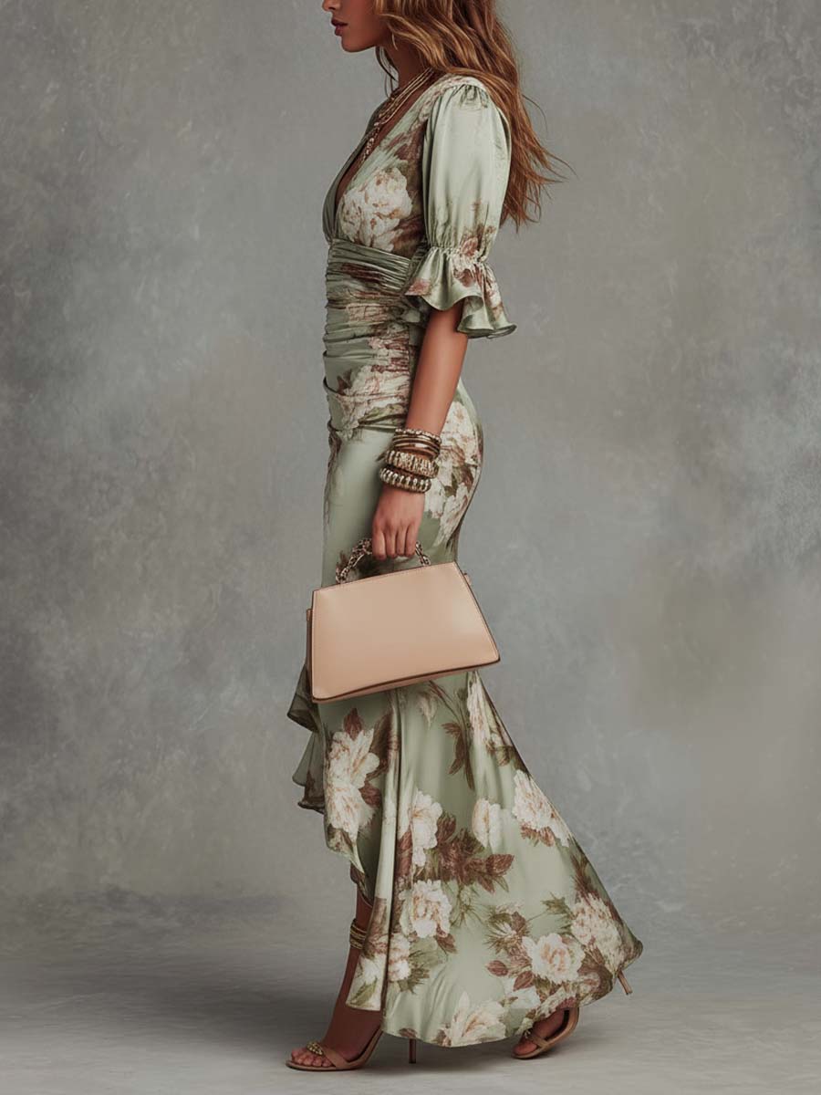 Asymmetric V-Neck Green Satin Dress: Effortless Elegance for Any Occasion