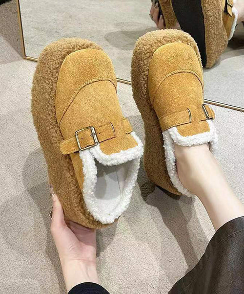 Beige Fuzzy Wool Lined Shoes Platform Wedge Shoes