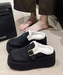 Beige Fuzzy Wool Lined Shoes Platform Wedge Shoes