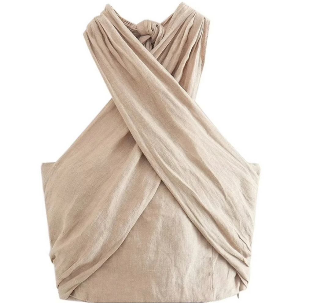 Beige Halter Crop Top for Women with Crisscross Design – Lightweight Cotton-Linen Blend Going Out Top