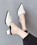 Black Chunky Faux Leather Elegant Splicing Slide Sandals Pointed Toe