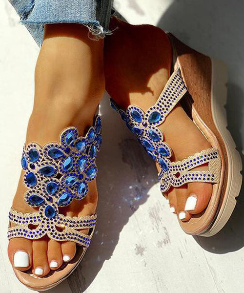 Blue Gemstone High Wedge Heels Faux Leather 2025 Peep Toe Slide Sandals