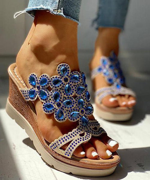 Blue Gemstone High Wedge Heels Faux Leather 2025 Peep Toe Slide Sandals