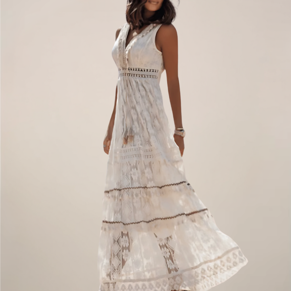 Bohemian Maxi Dress – Empire Waist, V-Neck, Sleeveless