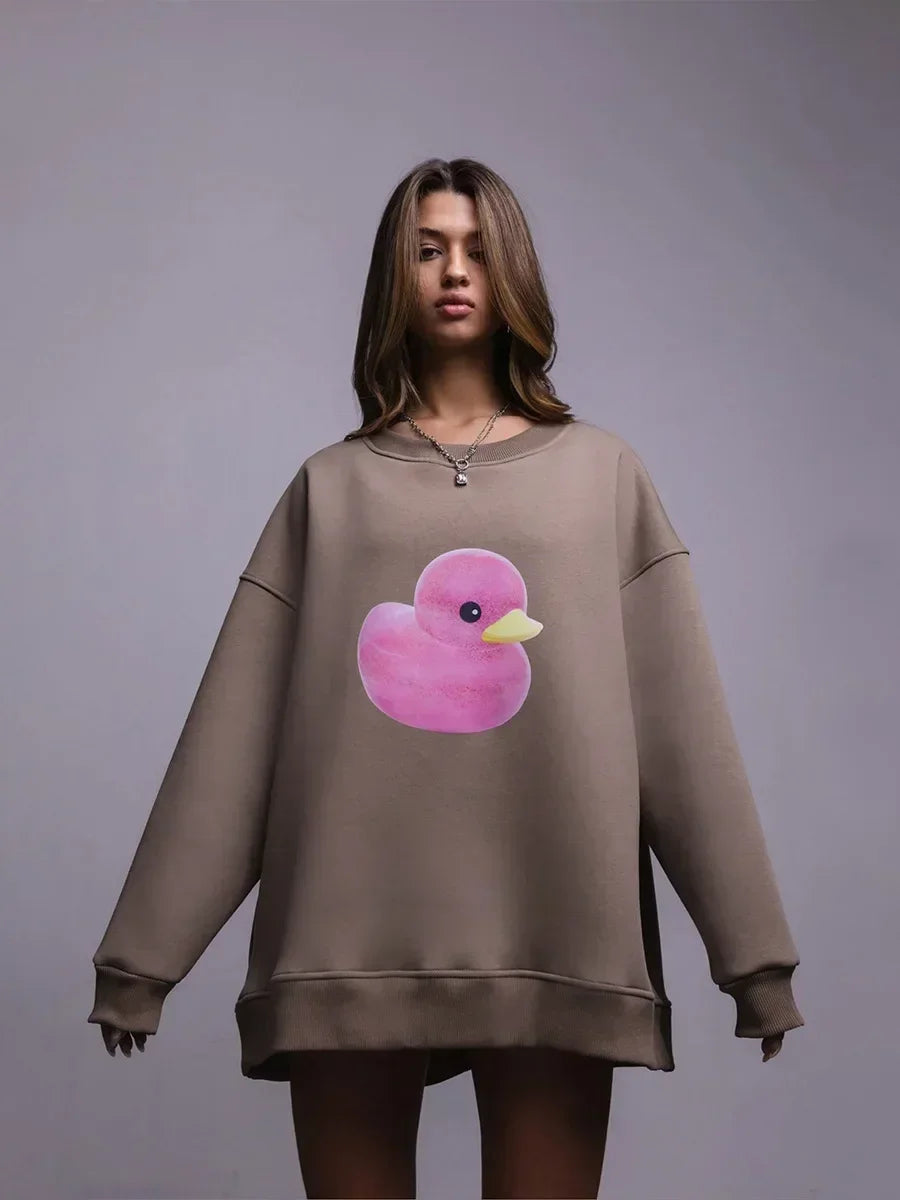 Women's Casual Oversized Yellow Duck Print Hoodie