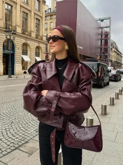 Burgundy Oversized Leather Jacket with Luxurious Shoulder Details