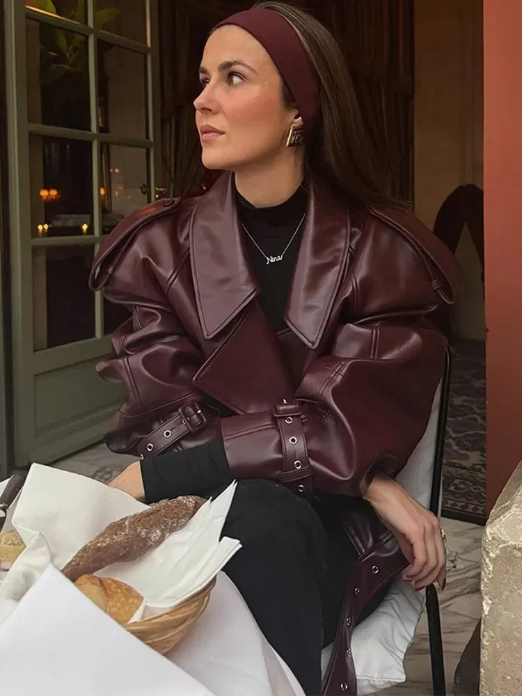 Burgundy Oversized Leather Jacket with Luxurious Shoulder Details 1