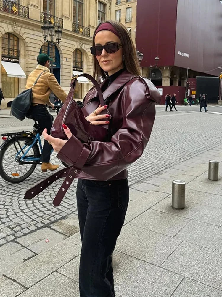 Burgundy Oversized Leather Jacket with Luxurious Shoulder Details 3