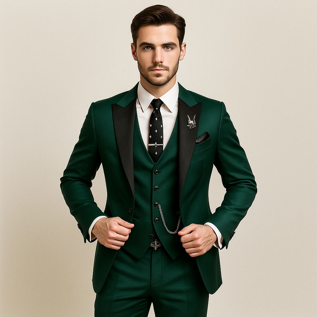Men’s 3-Piece Slim Fit Suit – Satin Lapel Gilet Elegant Wedding Formal Style