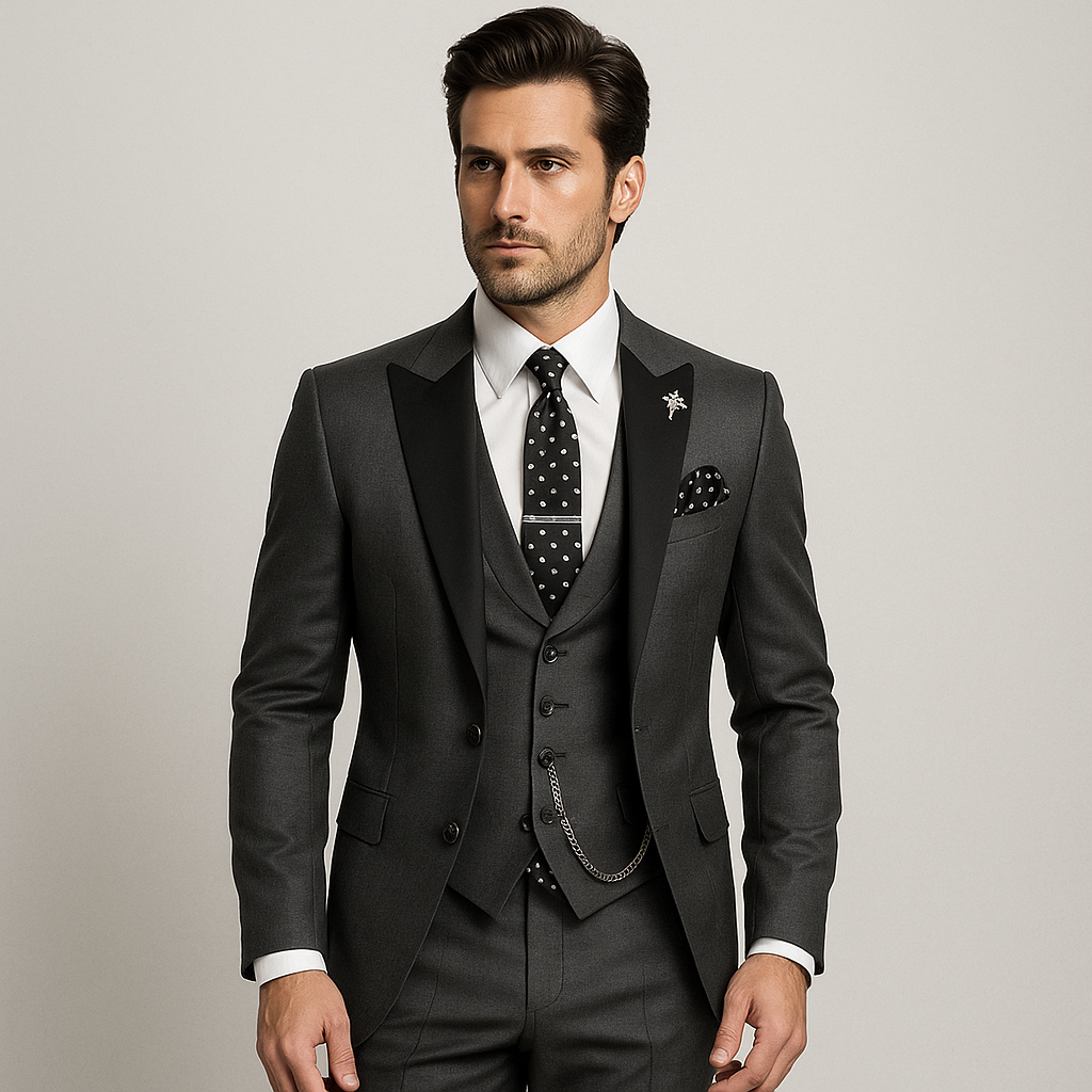 Men’s 3-Piece Slim Fit Suit – Satin Lapel Gilet Elegant Wedding Formal Style