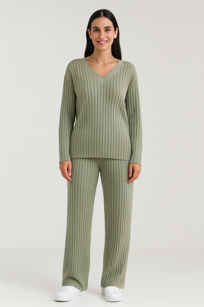 Women's Knitwear Set Soft Chic V-Neck Sweater and Wide-Leg Pants
