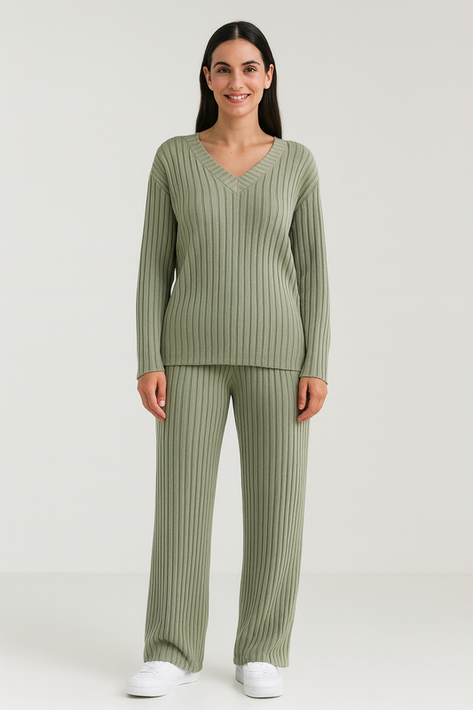Women's Knitwear Set Soft Chic V-Neck Sweater and Wide-Leg Pants