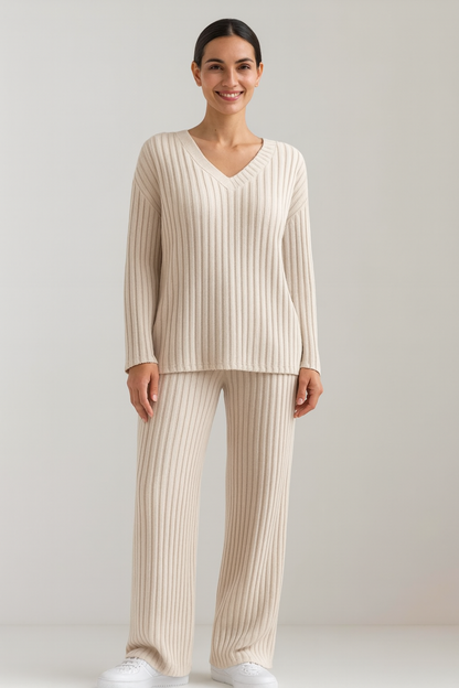 Women's Knitwear Set Soft Chic V-Neck Sweater and Wide-Leg Pants