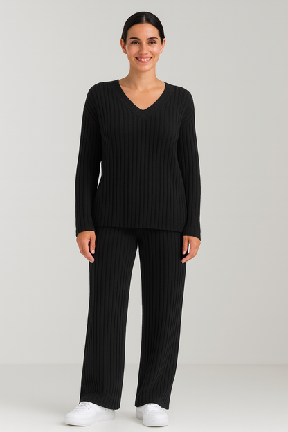 Women's Knitwear Set Soft Chic V-Neck Sweater and Wide-Leg Pants