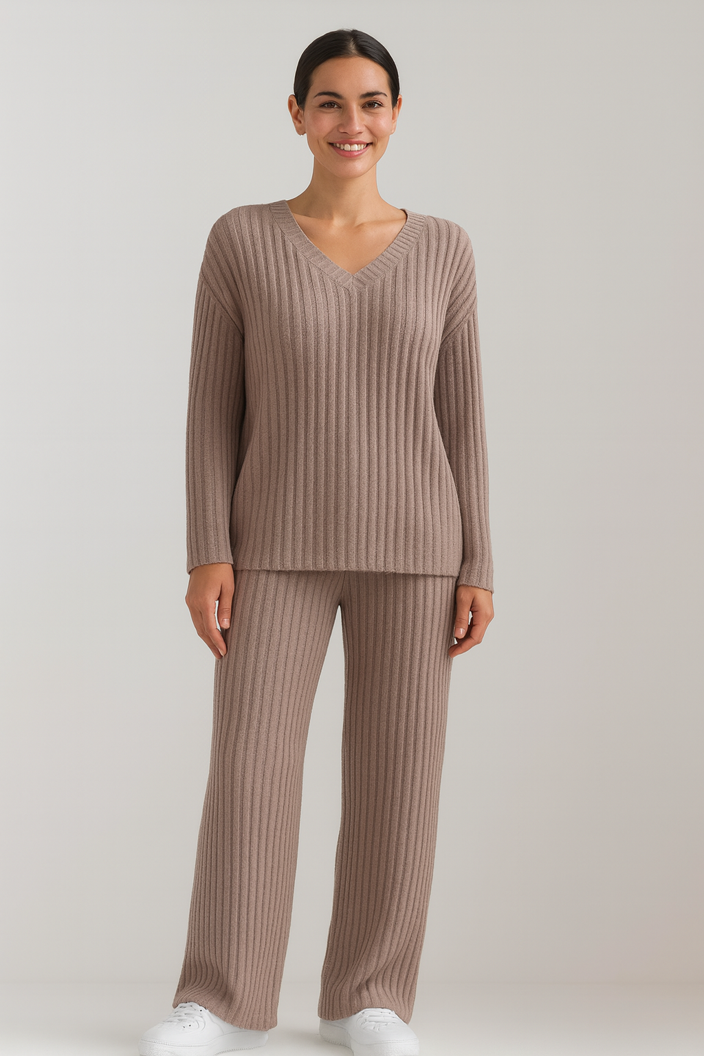Women's Knitwear Set Soft Chic V-Neck Sweater and Wide-Leg Pants