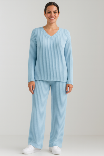 Women's Knitwear Set Soft Chic V-Neck Sweater and Wide-Leg Pants