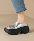 Chic Gold Platform Heels Faux Leather Slide Sandals Peep Toe