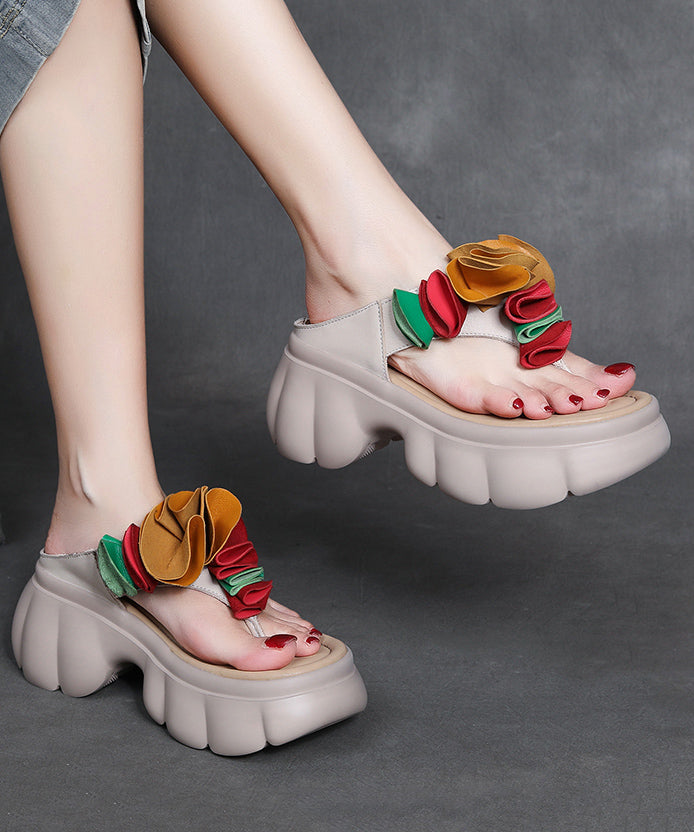 Comfortable Splicing Floral Platform Flip Flops Black Faux Leather