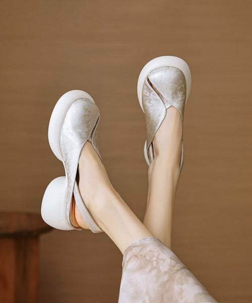 Comfy Splicing Chunky Sandals Green Cowhide Leather Hollow Out