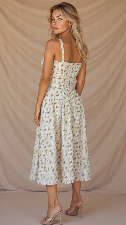 Corset Midi Dress – Tailored Waist and Flowing Skirt