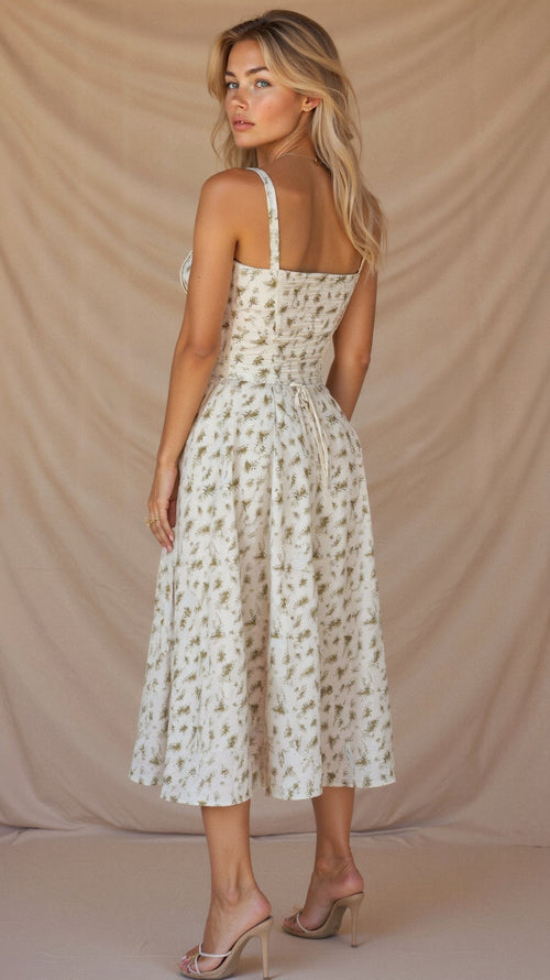 Corset Midi Dress – Tailored Waist and Flowing Skirt