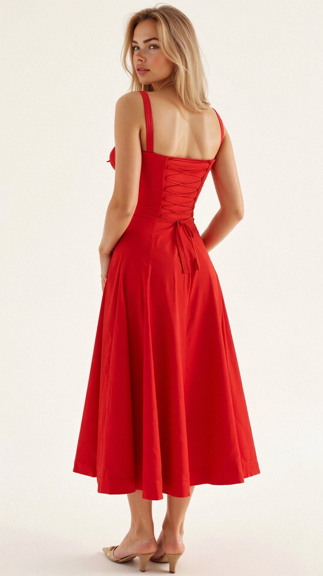 Corset Midi Dress – Tailored Waist and Flowing Skirt